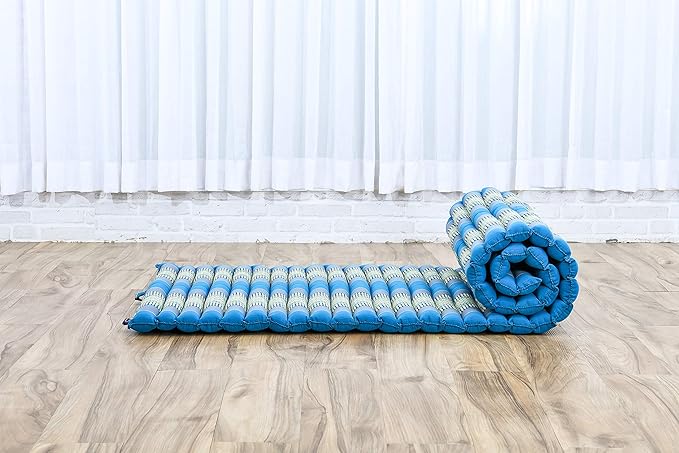 Leewadee - Foldable Floor Mattress - Japanese Roll Up Futon -Trifold Tatami Mat- Guest Floor Bed - Camping Mattress - Thai Massage Mat, Kapok Filled, 75 x 28 inches, Light Blue