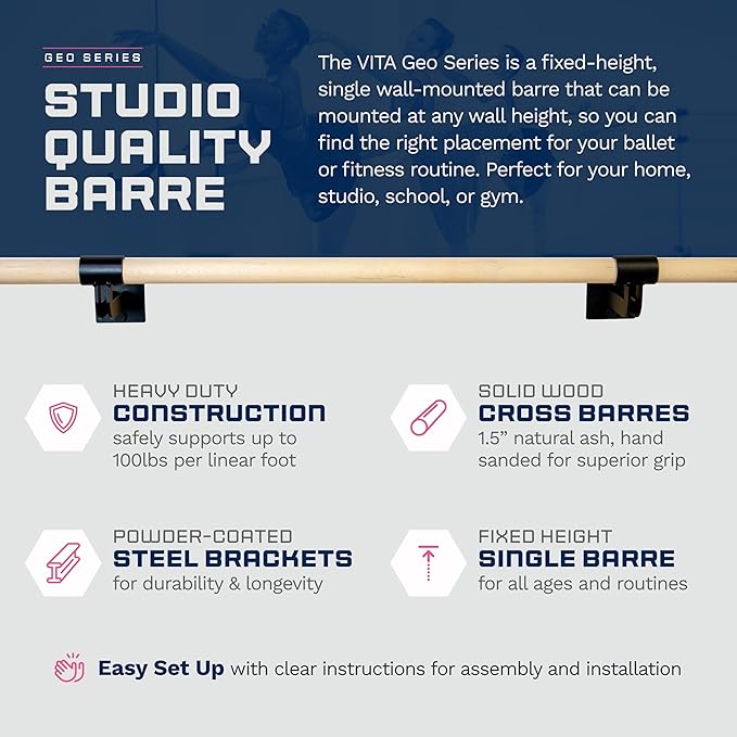 VITA Barre Wall-Mounted Single Ballet Barre, Geo, Wood | Fixed Height, Made in USA, Home, Studio or Gym Exercise Equipment for Kids & Adults | Dance, Fitness, Pilates