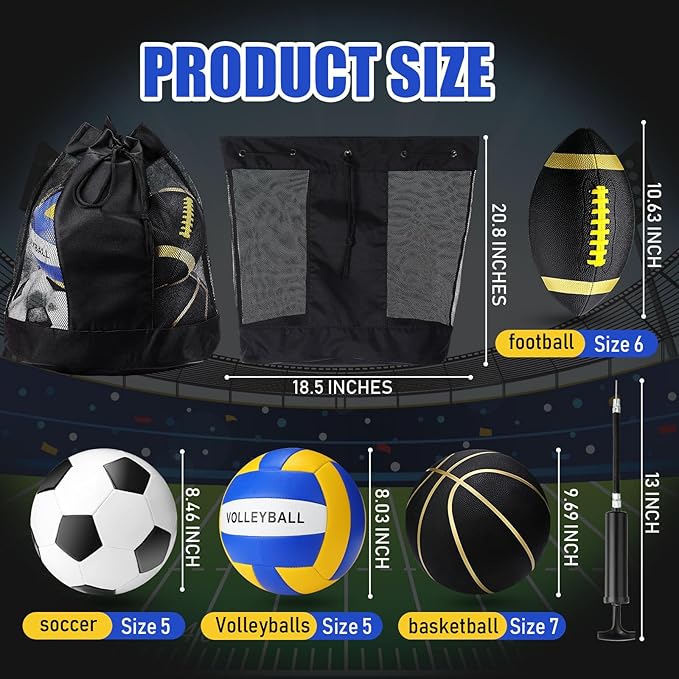 8 Pcs Sports Balls Set Include Basketball Football Soccer Volleyball with 2 Sport Equipment Bags 2 Pumps for Teens Youth Adult Outdoor Operation Christmas Ball Gifts