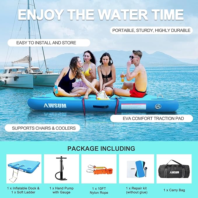 AWSUM Inflatable Floating Dock Air Dock Platform, 6ft/8ft Non-Slip Inflatable Water Mat Floating Island Raft for Lake Pool Beach Ocean