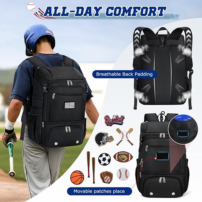 RAINSMORE Baseball Backpack, Lightweight Softball Bag with Shoe Compartment Baseball Bag for Youth & Adult Softball Bat Bag with Fence Hook Helmet Holder Sports Backpack for T-Ball