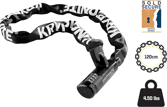 Kryptonite Keeper 712 Combo Bike Chain Lock, 4 Feet Long 7mm Steel Chain Heavy Duty Anti-Theft Bicycle Chain Lock, 4-Digit Resettable Combination Lock for E-Bike Scooter Road Mountain Bikes