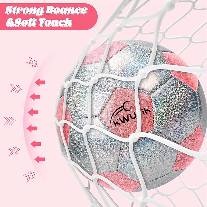 Soccer Ball Size 3 4 5 Glitter Pink Purple Silver with Pump Toddler Soccer Ball for Kids Aged 3-6 6-8 8-12 Outdoor Training Ball for Girls Boys Children Youth Teens