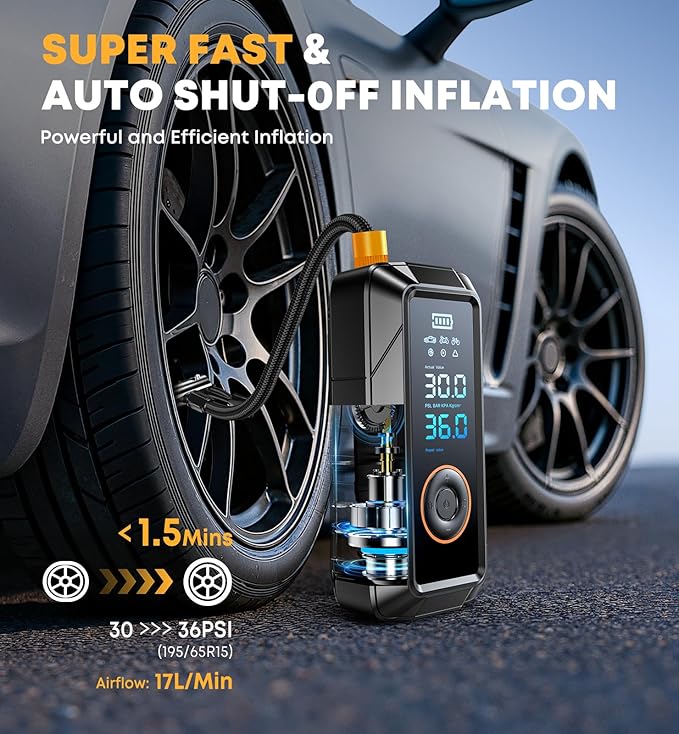 Tire Inflator Portable Air Compressor 160PSI 5X Faster Portable Cordless Inflator Air Bike Pump with Pressure Gauge Auto Shutoff Function Air Compressor Tires Pump for Cars Motorcycles Bikes Balls