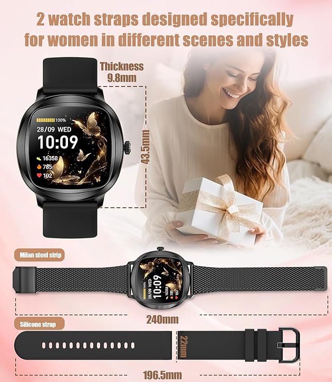 Women's 2pc Band Sports Watch/Smart Watch 1.72" Fitness Tracker with Heart Rate Monitor, 100+ Sports Modes, Sleep Tracking, 7-Day Battery, IP68 Waterproof (Black)