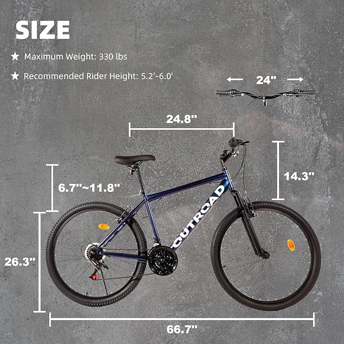 26-inch Mountain Bike, Iron Frame, 7/21-Speed Front and Rear V-Brakes MTB with Lock-Out Suspension Fork for Men and Women Black