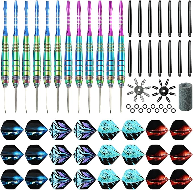 Darts Metal Tip Set Professional Metal Darts for Dartboard Steel Tip Darts with Nonslip Iron Barrel Aluminum Dart Shafts,Extra Flights,Dart Sharpener,Gift Box