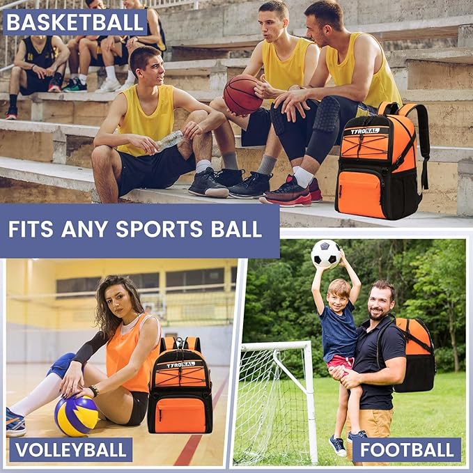 Basketball Bag Backpack with Ball Holder and Shoes Compartment,Best for Basketball, Soccer, Volleyball, Gym. (ORANGE)