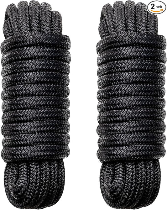 Boat Dock Lines Marine Rope - 1/2" x 25ft with Pre-Spliced 12" Loop Double Braided Nylon Ropes Bumper Tie Mooring Line for Boats Docking Pontoon Boating Accessories - 2 Pack