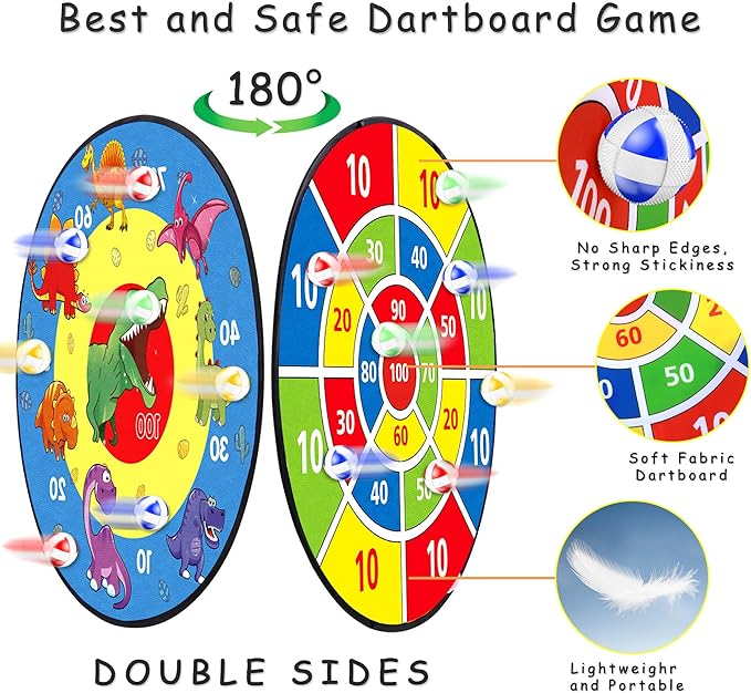 TOMYOU 26" Dart Board for Kids with 16 Sticky Balls, Double Sided Dinosaur Dart Board, Indoor Outdoor Party Games Toys, Birthday Toys Gift for Age 5 6 7 8 9 10 11 12 Year Old Boys Girls