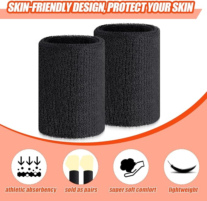 Wettarn 6 Pcs 4 Inch Wrist Sweatbands Tennis & Gymnastics Wristbands for Grips & Sport Cotton Elastic Thick Wrist Bands for Tennis & Football