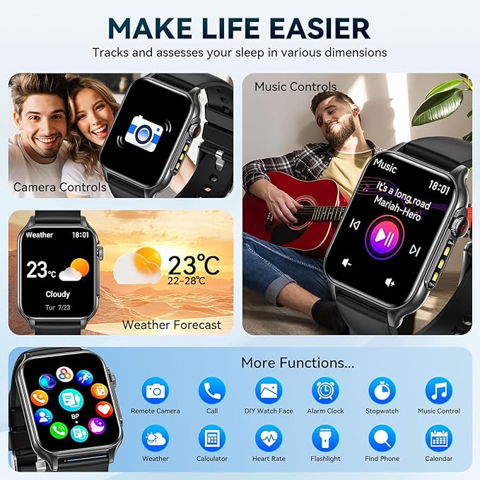 Smart Watches for Women Men (Answer/Make Call) with LED Flashlight, 1.96" HD Touch Screen Fitness Tracker with Heart Rate Sleep Monitor, Waterproof Smartwatch with 100+ Sports Modes