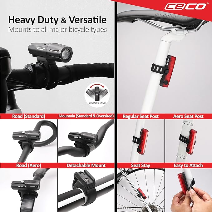 CECO-USA: 1000 Lumen Headlight & 80 Lumen COB LED Tail Light for Cyclists who Want to See far & to be seen from Super Wide Angle. Brightest USB Rechargeable Bike Light Set Available for All Cyclists
