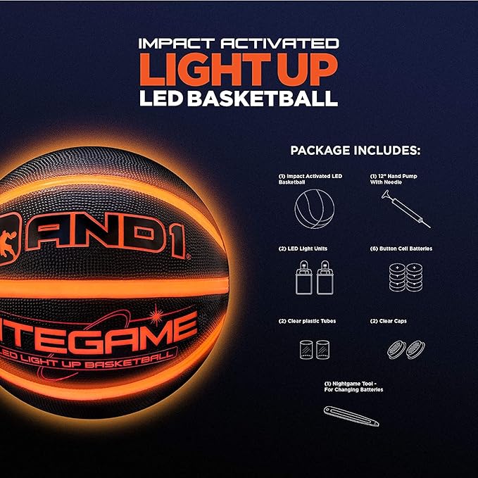AND1 Nitegame LED Light Up Basketball - Impact Activated Glow in The Dark - Regulation Size 7 (29.5 inches), for Outdoor or Indoor, Sold Deflated, Comes in Black or Orange