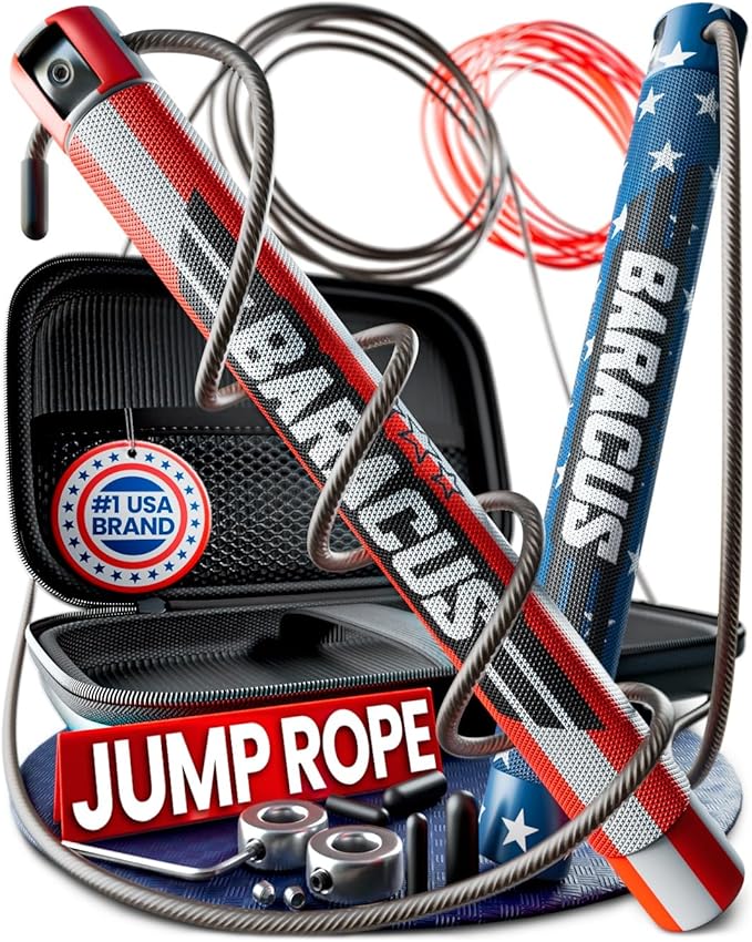 BARACUS Jump rope for women, men, kids | gym accessories for women | at home workout equipment | pesas para ejercicios en casa – Professional Speed Rope with Knurled Aluminum Handles & Hard Case
