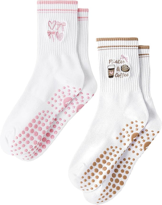 Yawlsow Pilates Grip Socks for Women Yoga Grippy Socks Cute Barre Non Skid Athletic Crew Sticky Sock Workout Hospital