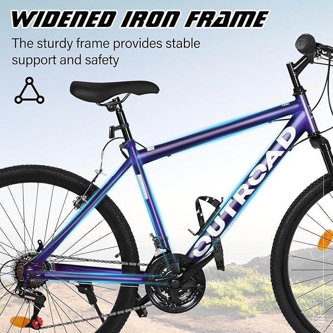 Outroad 26 Inch Mountain Bike, 7/21-Speed/High-Carbon Steel/Aviation Grade Frame, Dual Disc/V Brake, Adjustable Ergonomic Seat Bicycle for Men Women Adult, Quick Assembly in 20 Minutes