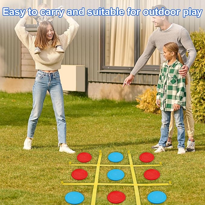 Giant Tic Tac Toe Outdoor Game, 4 Ft X 4 Ft Large Tic Tac Toe Strap Game Outdoor with 10PCS Soft Flying Disc for Kids and Adults to Play Outdoors, Beach, and Park