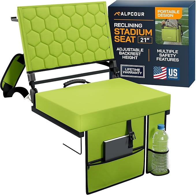 Extra Wide Folding Reclining Stadium Seat with Back Suppot for Bleachers, Bleacher Hooks, Thick Cushion, Cup Holder, Storage Pockets – Portable Chair for Kayak, Canoe, Paddle Board, Concerts, & Sports