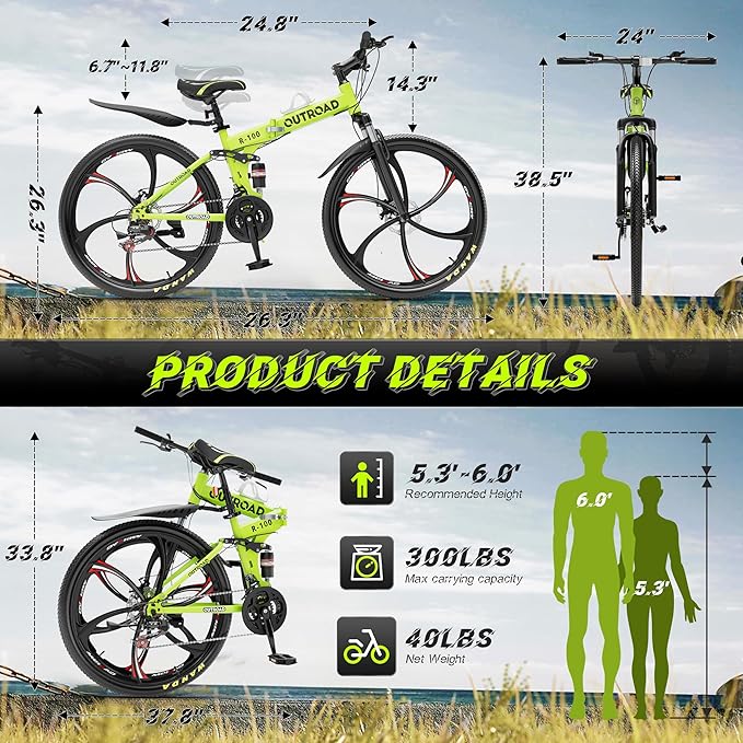 Betterland 26 Inch Folding Mountain Bike, 21 Speeds Full Suspension Foldable Bikes, Dual Disc Brake, High Carbon Steel Frame and Non-Slip Quick Release tire Bicycle for Adult