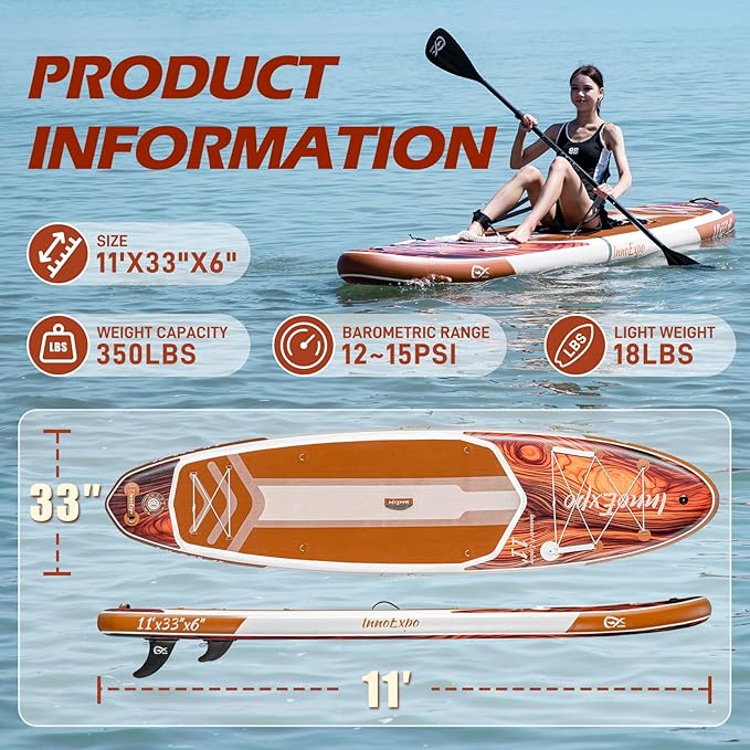 InnoExpo 11' Inflatable Stand Up Paddle Boards with Premium Accessories, Wide Stable SUP Paddle Board Design, Non-Slip Comfort Deck for Youth & Adults
