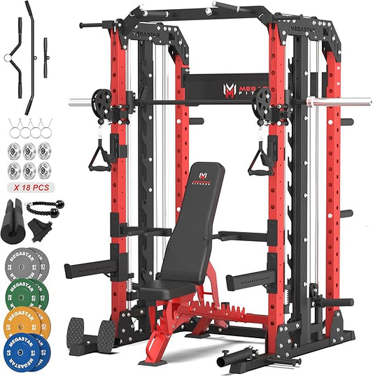 Smith Machine Home Gym with Aluminum Pulley Set- 2000lbs Capacity All-in-One Power Rack with Cable Crossover, Pull-Up Bar & Dip Station, Includes 18 Attachments, P107 Anvil