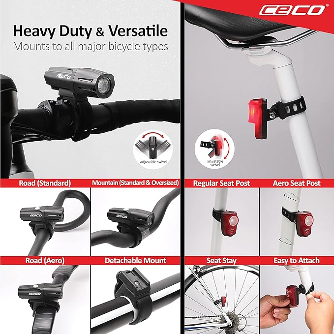 CECO-USA: 1,000 Lumen Headlight & 100 Lumen Tail Light Combo Pack for Cyclists who Want to See far & to be seen from afar. Brightest USB Rechargeable Bike Light Set Available for All Cyclists