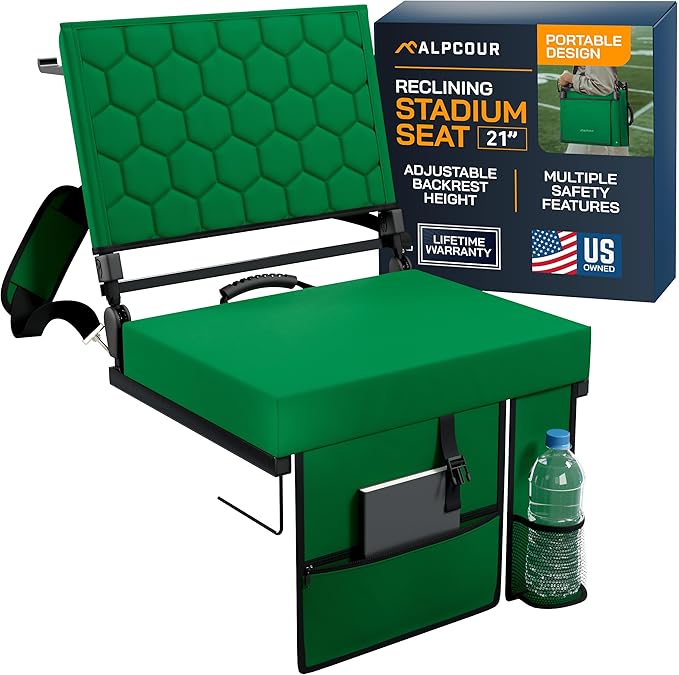 Extra Wide Folding Reclining Stadium Seat with Back Suppot for Bleachers, Bleacher Hooks, Thick Cushion, Cup Holder, Storage Pockets – Portable Chair for Kayak, Canoe, Paddle Board, Concerts, & Sports