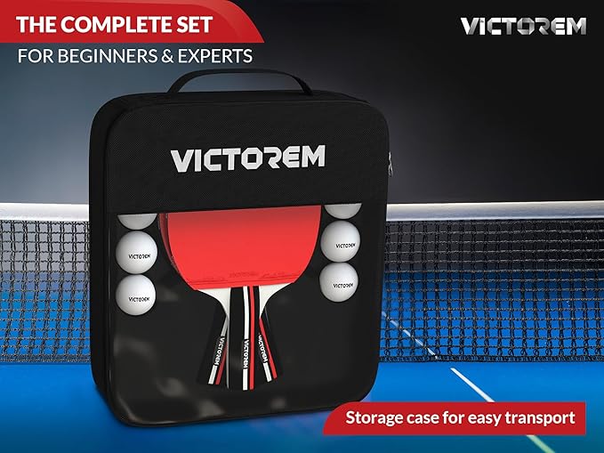 VICTOREM Table Tennis Paddles Set of 4 - Professional Ping Pong Paddles Set with Rubber & Ergonomic Handle for Enhanced Control & Spin - Speed & Control for Ultimate Performance with 8 Balls Included