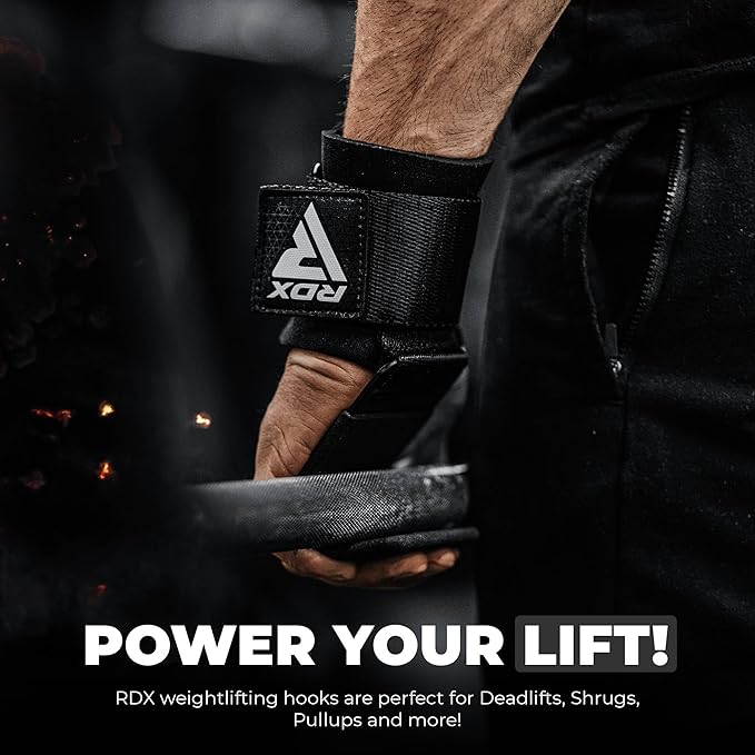 RDX Weight Lifting Hooks for Deadlifting (Pair) - 600Lbs Capacity - 8MM Neoprene Wrist Support Wraps - Grip Enhancer for Pull Ups Lat Pulldowns Rows - Adjustable Gym Workout Power Straps for Men Women