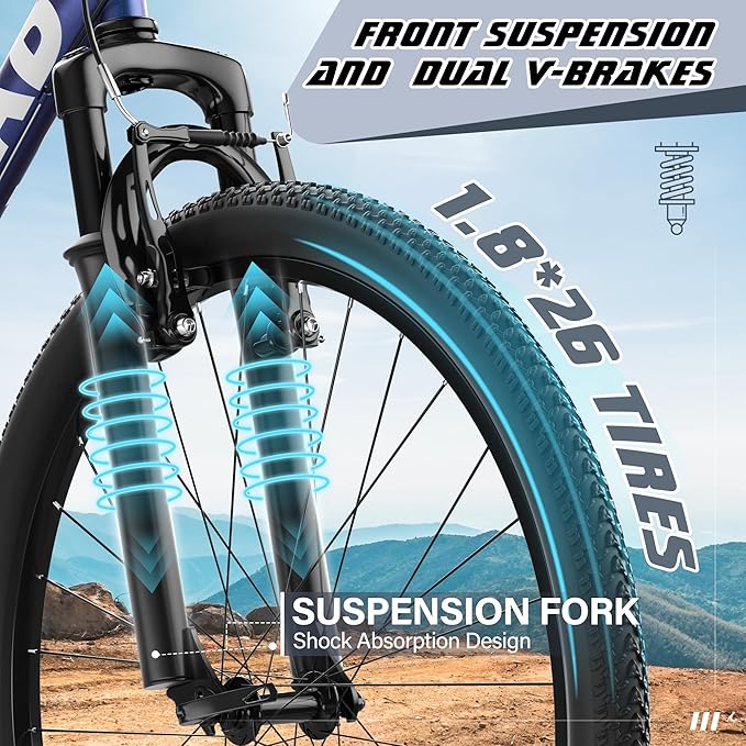 Betterland 26 Inch Mountain Bike, 7/21Speed Adult Bicycle with Dual V Brakes,Front Suspension, High Carbon Steel Frame, with Adjustable Ergonomic Seat Bicycle