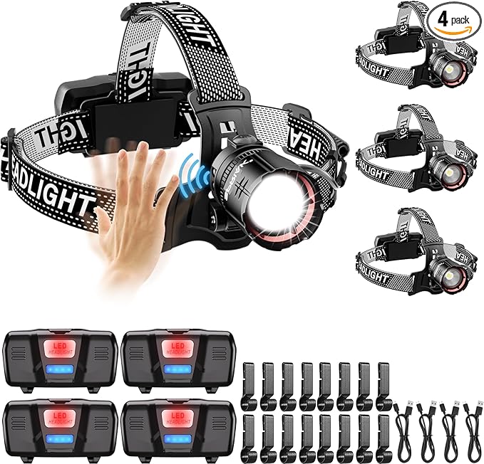 High Lumens LED Headlamp& 100H Using Time, USB Rechargeable Head lamp, 90° Adjustable Widebeam Motion Sensor Head Light with 5 Modes,Zoomable for Camping Running Hiking,Hard Hat Headlamps 4pc
