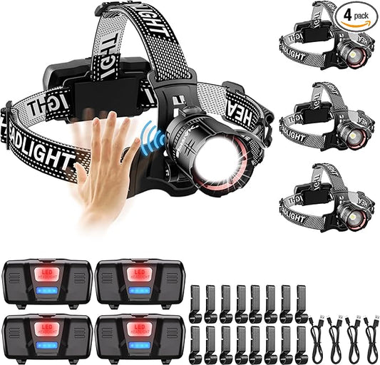 High Lumens LED Headlamp& 100H Using Time, USB Rechargeable Head lamp, 90° Adjustable Widebeam Motion Sensor Head Light with 5 Modes,Zoomable for Camping Running Hiking,Hard Hat Headlamps 4pc