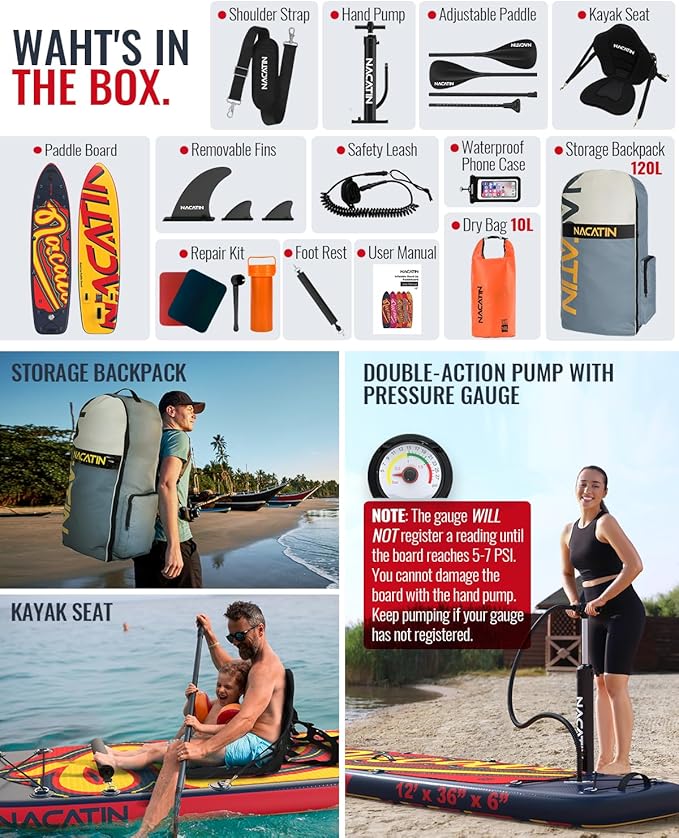 Inflatable Stand Up Paddle Board 12' with Kayak Seat & Dual Paddles – Premium SUP Board for Adults & Families Includes Kayak Conversion Kit, Pump, Leash & Accessories – Stable Wide Deck for Beginners