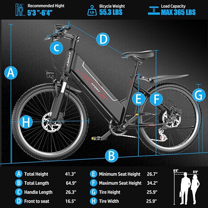 F26 Electric Mountain Bike for Adults,1500W Peak Motor, 55-Mile Range, 28MPH, 48V 10AH Detachable Battery, 7-Speed, 26-Inch Tires and Front Fork Fuspension Commuter Electric Bicycle