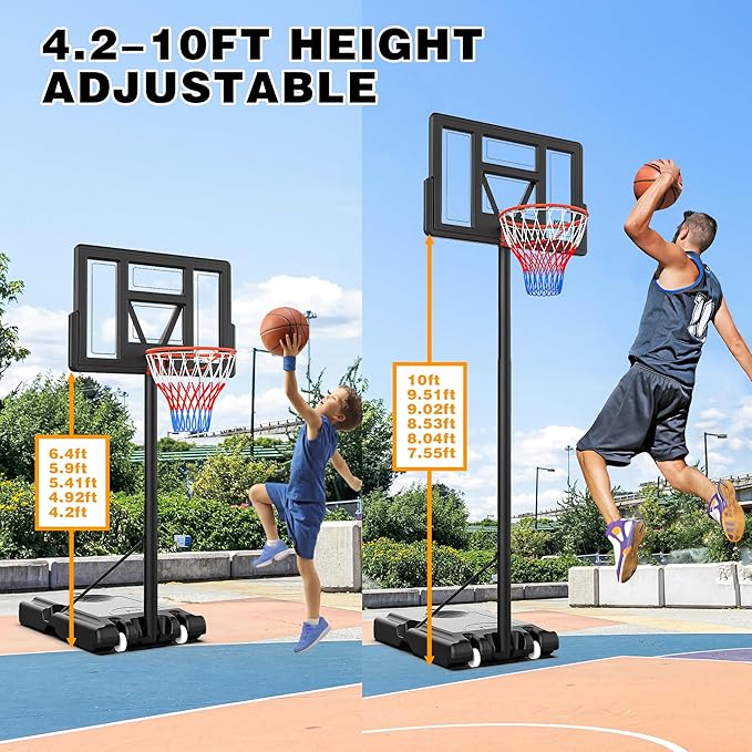 Basketball Hoop Indoor Outdoor 4.3ft to 10ft Three Adjustable Height for All Ages Portable Basketball Goal for Youth Adult 44" Large Backboard Perfect for Backyard Driveway Use