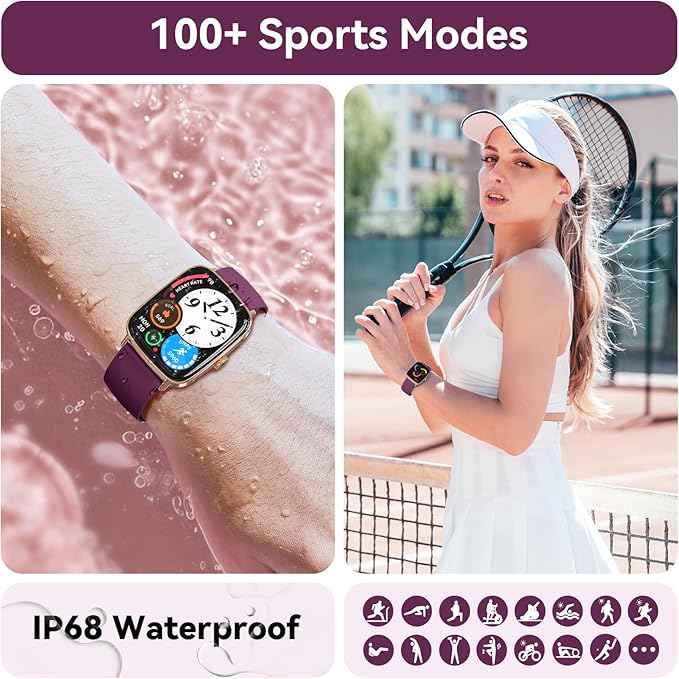 Tensky Smart Watch for Women Android & iPhone, 1.85" Touch Screen Fitness Tracker with Answer/Make Call, IP68 Waterproof 24/7 Sleep/Health Monitor, Pedometer, 100+ Sport Modes (2 Bands)