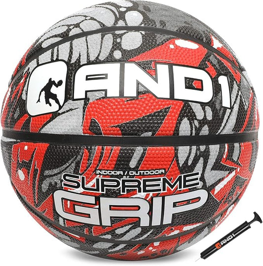 AND1 Supreme Grip Official Regulation Size 7 (29.5 inches) Rubber Basketball - Deep Channel Construction Streetball, Made for Indoor Outdoor Games