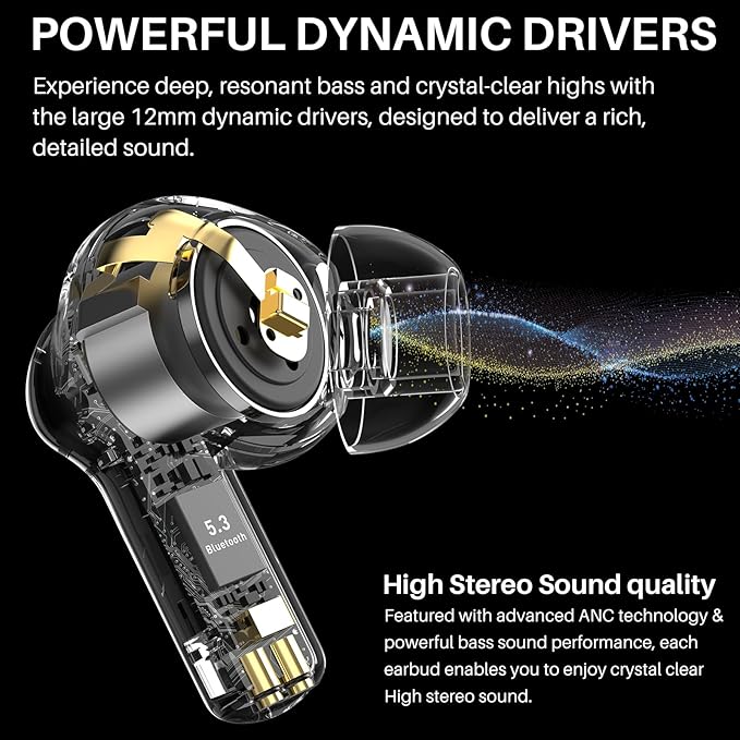 TOZO NC3 Hybrid Active Noise Cancelling Wireless Earbuds with 6 Mics AI Clear Call Ear Buds 55H Playtime with LED Display 32 Preset EQs via APP Bluetooth 5.3 IPX8 Waterproof in Ear Headphones