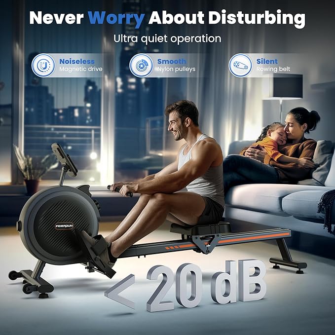FEIERDUN Rower Machine, Compact Rowing Machines for Home with 350LBS Loading Capacity, Magetic Rower Machine for Home with APP, Row Machine with Dual Slide Rail