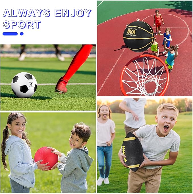 Deekin 4 Pcs Sport Balls Set for Kids Teens, Include Official Size 5 Basketball 4 Soccer 6 Football Playground Ball and Pump Sports Equipment Bag Recess Equipment Sport for Students(Classic Color)