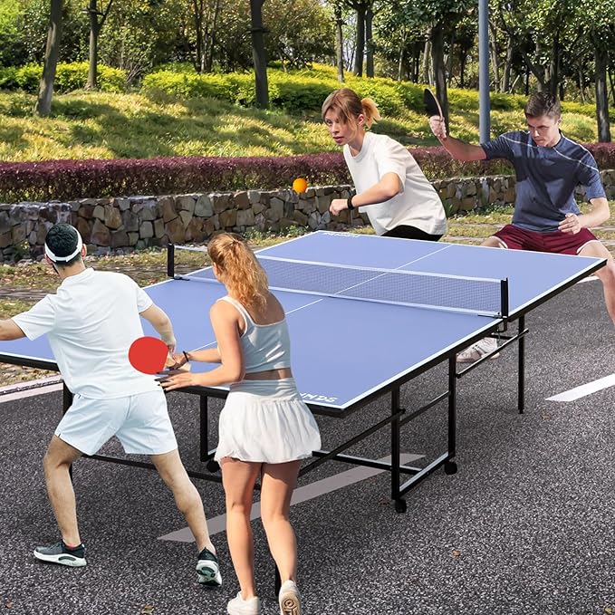 9”×5”MDF Indoor Table Tennis Table with Quick Clamp Ping Pong Net with Two Rackets and Three Balls，Foldable Single-Player Game