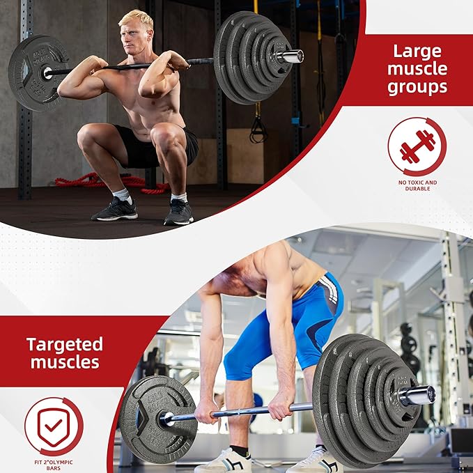 Cast Iron Gym Weight Plates | 1" and 2" Olympic Bumper Plates for Weightlifting, CrossFit, Deadlift, and Squat