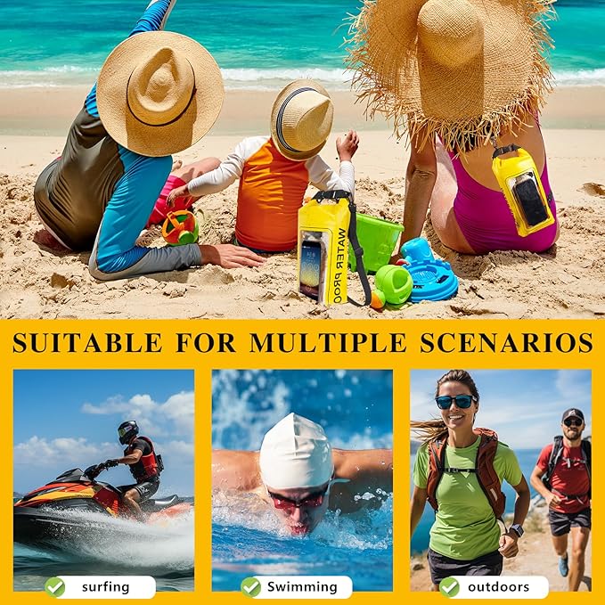 IP68 Waterproof Dry Bag, 2L - Roll Top Waterproof Pool Bag，Dry Bags for Kayaking Waterproof-w/Phone Pouch,Large Waterproof Phone Pouch,Boating & Kayak Accessories Camping (Yellow)