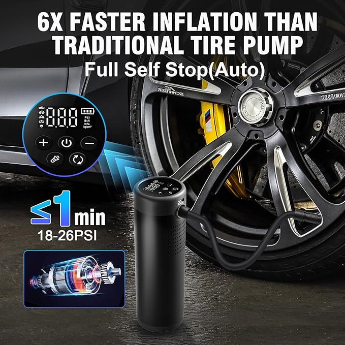 Tire Inflator Portable Air Compressor, 6X Cordless Air Pump for Car Tires with Pressure Gauge, Battery Power Bike Tire Pump, 150PSI Portable Tire Inflator for Car, Motorcycle, Bicycle, Ball