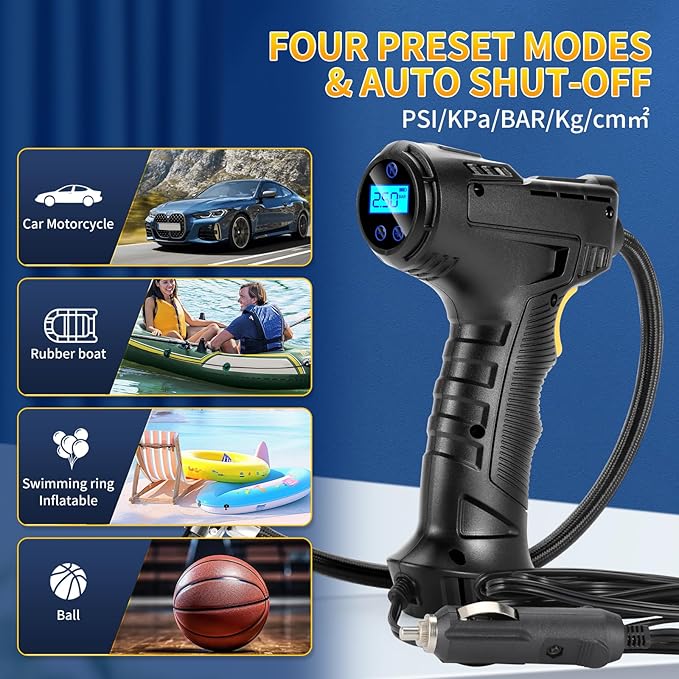 150PSI Portable Air Compressor for Car Tires – Digital Tire Inflator with LED Flashlight, 12V Auto Pump for Cars, Motorcycles, Bikes, and Sports Balls
