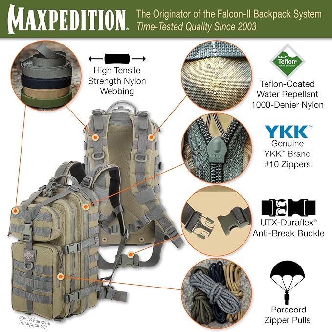 MAXPEDITION Falcon-II Backpack, 23L Tactical Backpack, Survival Pack, Bug Out Bag, MOLLE Go Bag for EDC, 0513