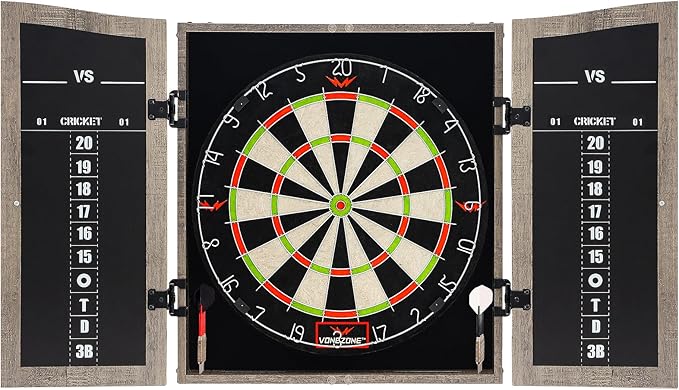 Dartboard Cabinet Set - Easy Assembly One Piece Sports Hemp Dartboard Scoreboard - Play Immediately - 6 Dart Chalk Set for Home Game Bar Accessories, Gray