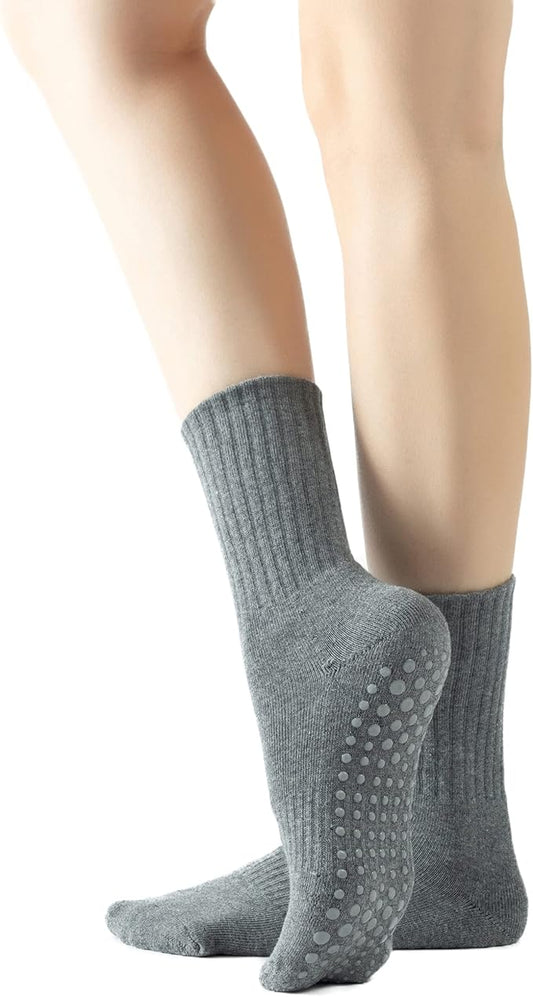 Yoga Pilates Socks with Grips for Women Non Slip Solid Colored Fleece Cushioned Mid Calf Crew Socks for Barre Ballet Dance