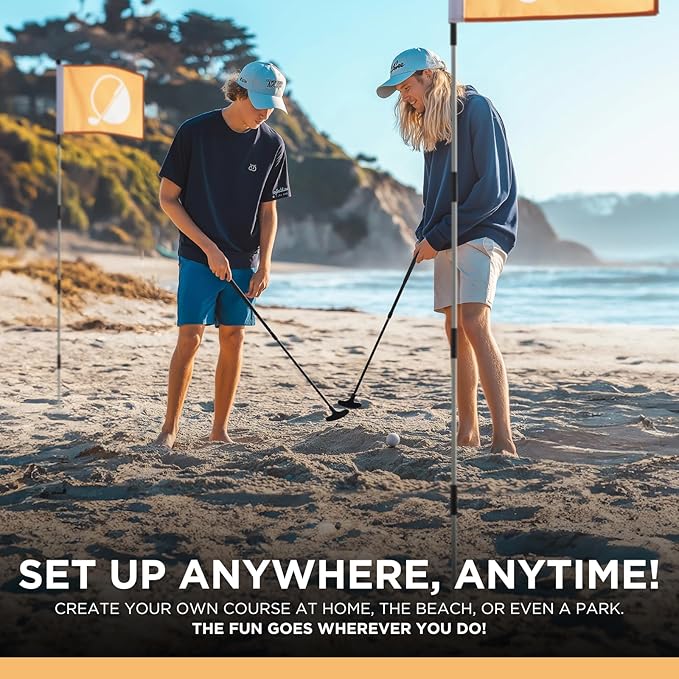 Golf & Mini Golf Complete Setup, 3X Pin Flags & Putting Green Hole Cups, 2X Adjustable Putters, Digger, Hole Cutter & More, for Grass Backyard, Beach, Driving Range Gift Set